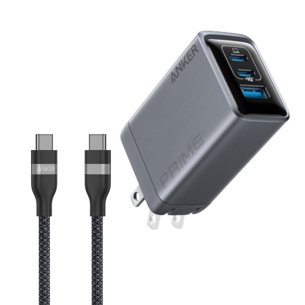 Prime Charger (100W, 3 Ports, GaN) and USB-C to USB-C Cable (3 ft / 6 ft, 240W, Upcycled-Braided)