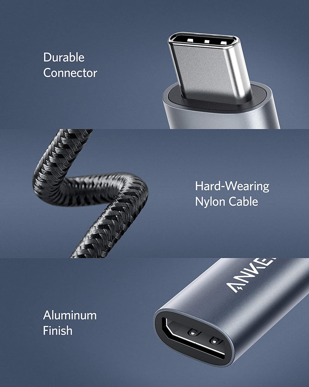 Anker cable with durable connector for hard-wearing nylon and aluminum finish
