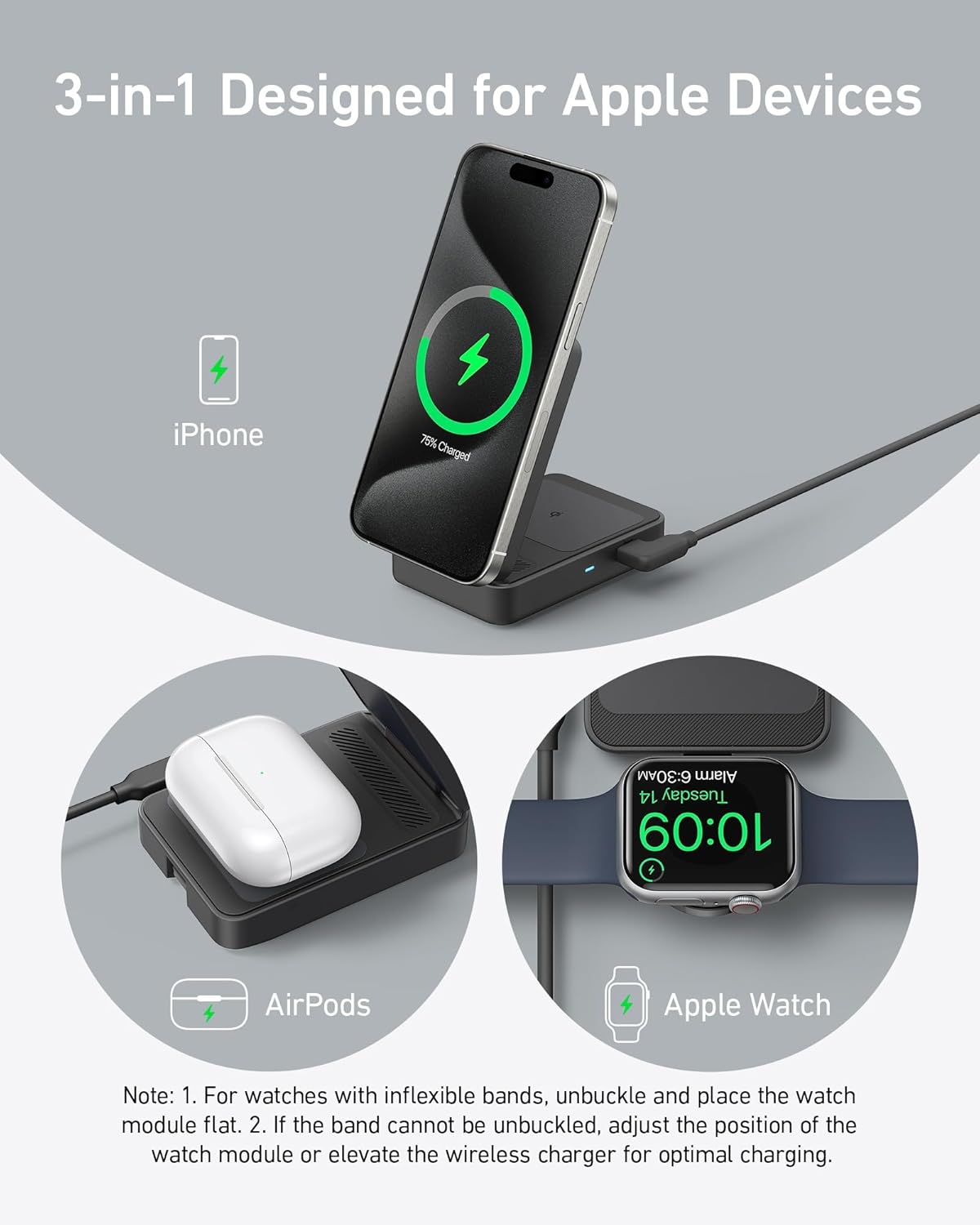 Anker 3-in-1 wireless charger with iPhone, AirPods, Apple Watch