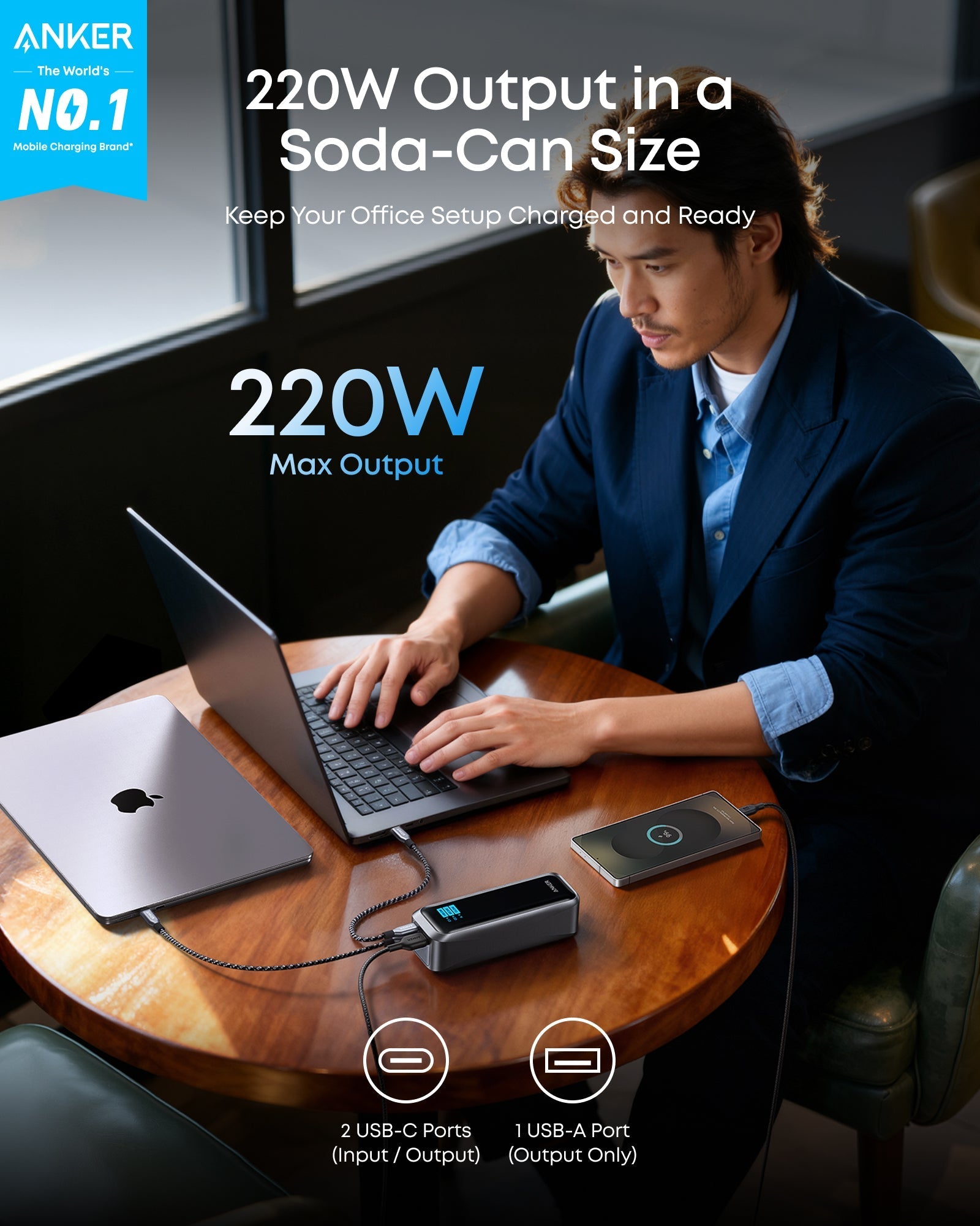 Anker portable charger with 220W output for laptop and smartphone charging