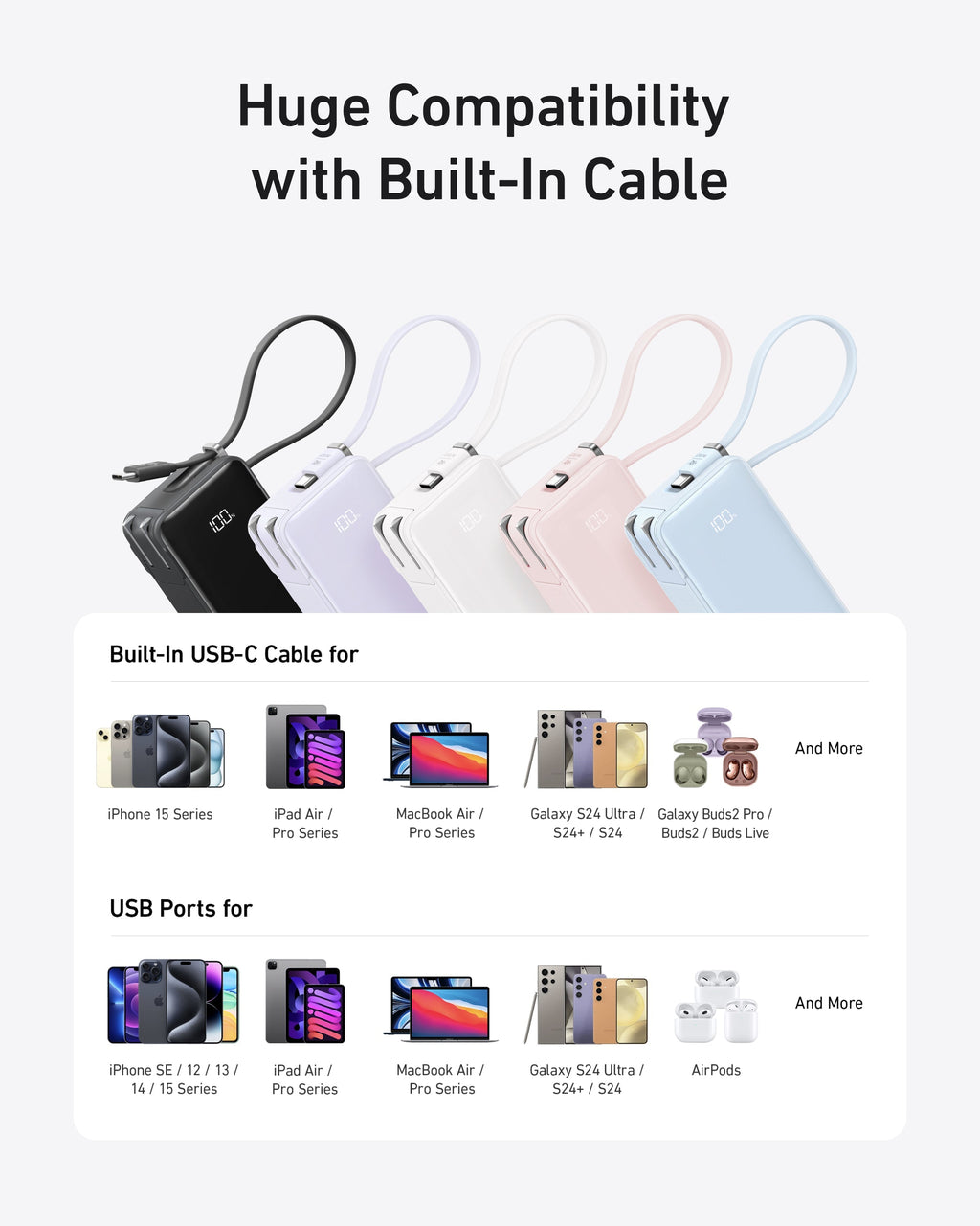 Anker 3-in-1 Power Bank with colorful built-in cable for iPhone, iPad, Galaxy and AirPods