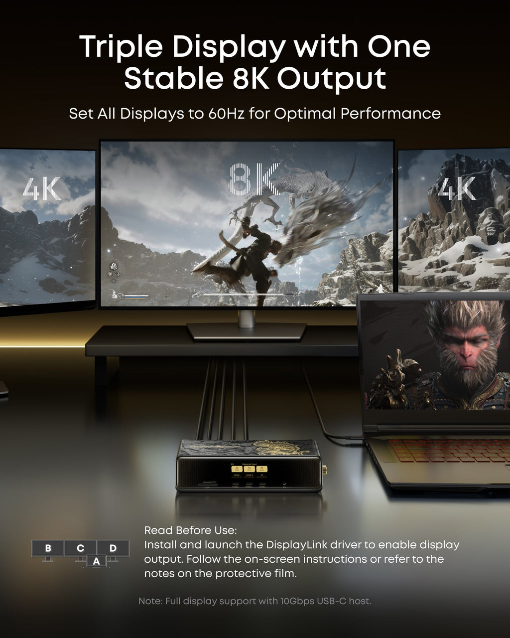 Anker docking station for triple 8K output with three screens displaying gaming scene