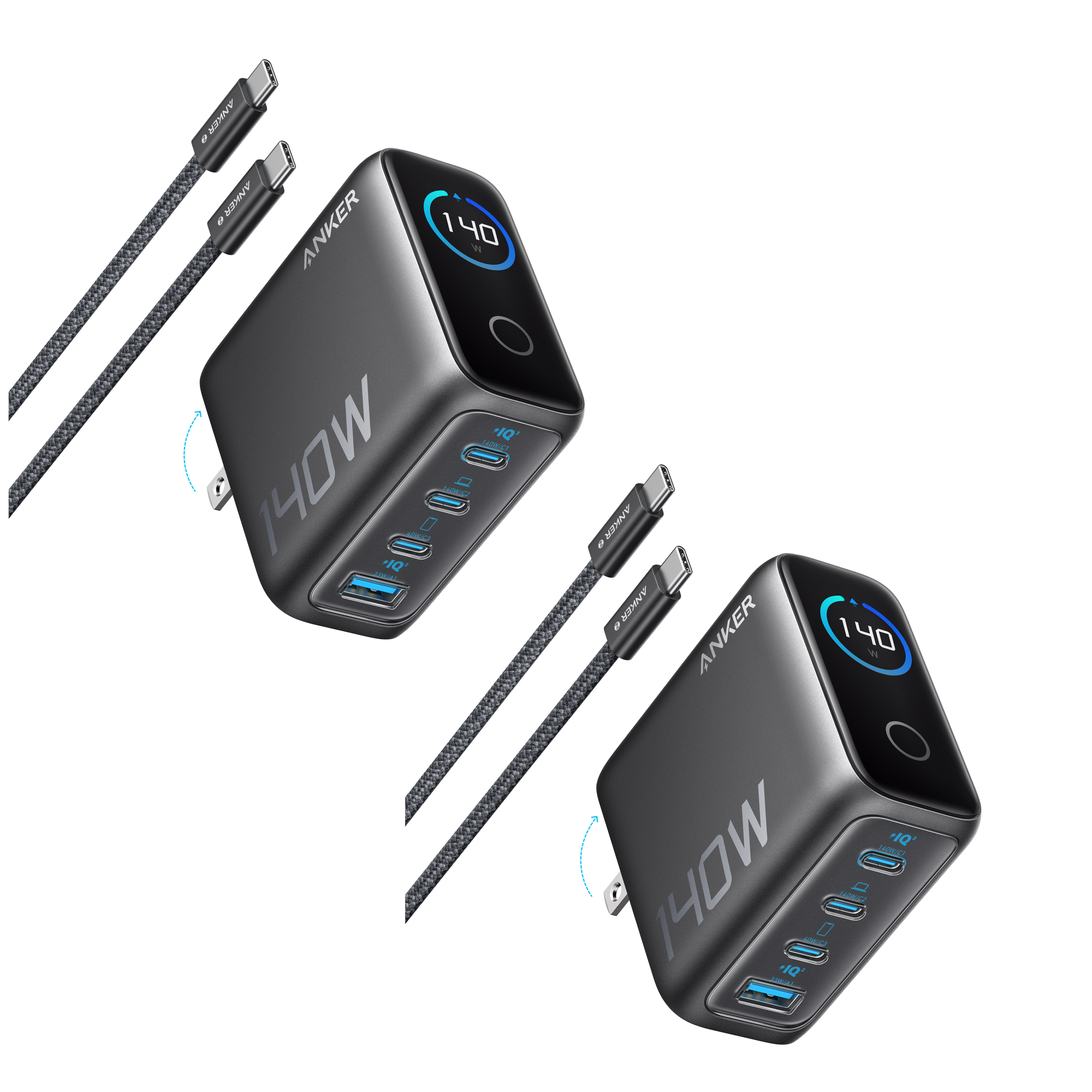 2-Pack Laptop Charger (140W, 4-Port, PD 3.1) with 2-Pack USB-C Cable