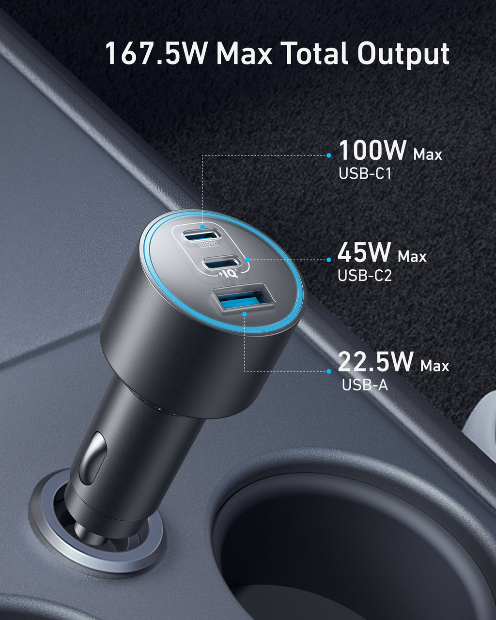 Anker car charger with three ports for 167.5W total output